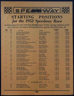 1952 Indy 500 4 Page Starting Position Program Speedway Race Vintage