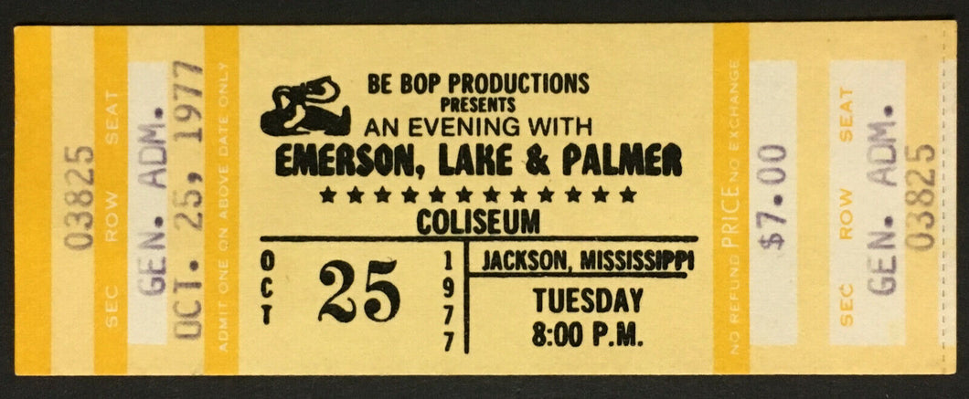 1977 Emerson Lake Palmer Concert Ticket Mississippi Coliseum Unused Vintage