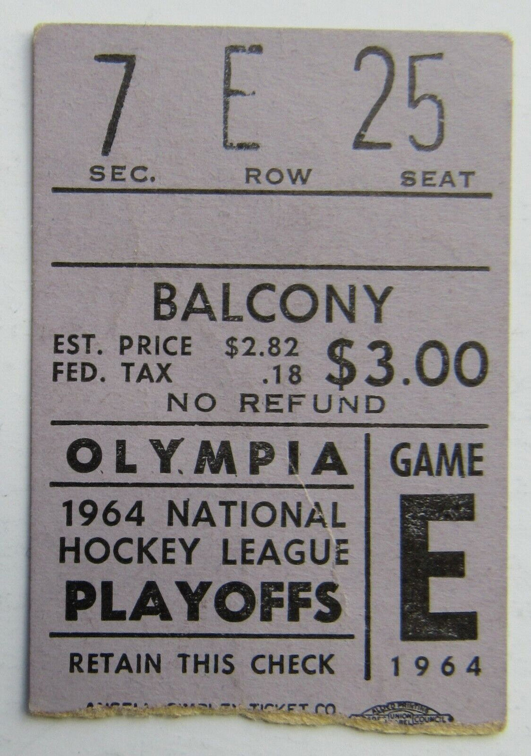 1964 Olympia Stadium Stanley Cup Semi Finals Game 4 Ticket Toronto vs Red Wings