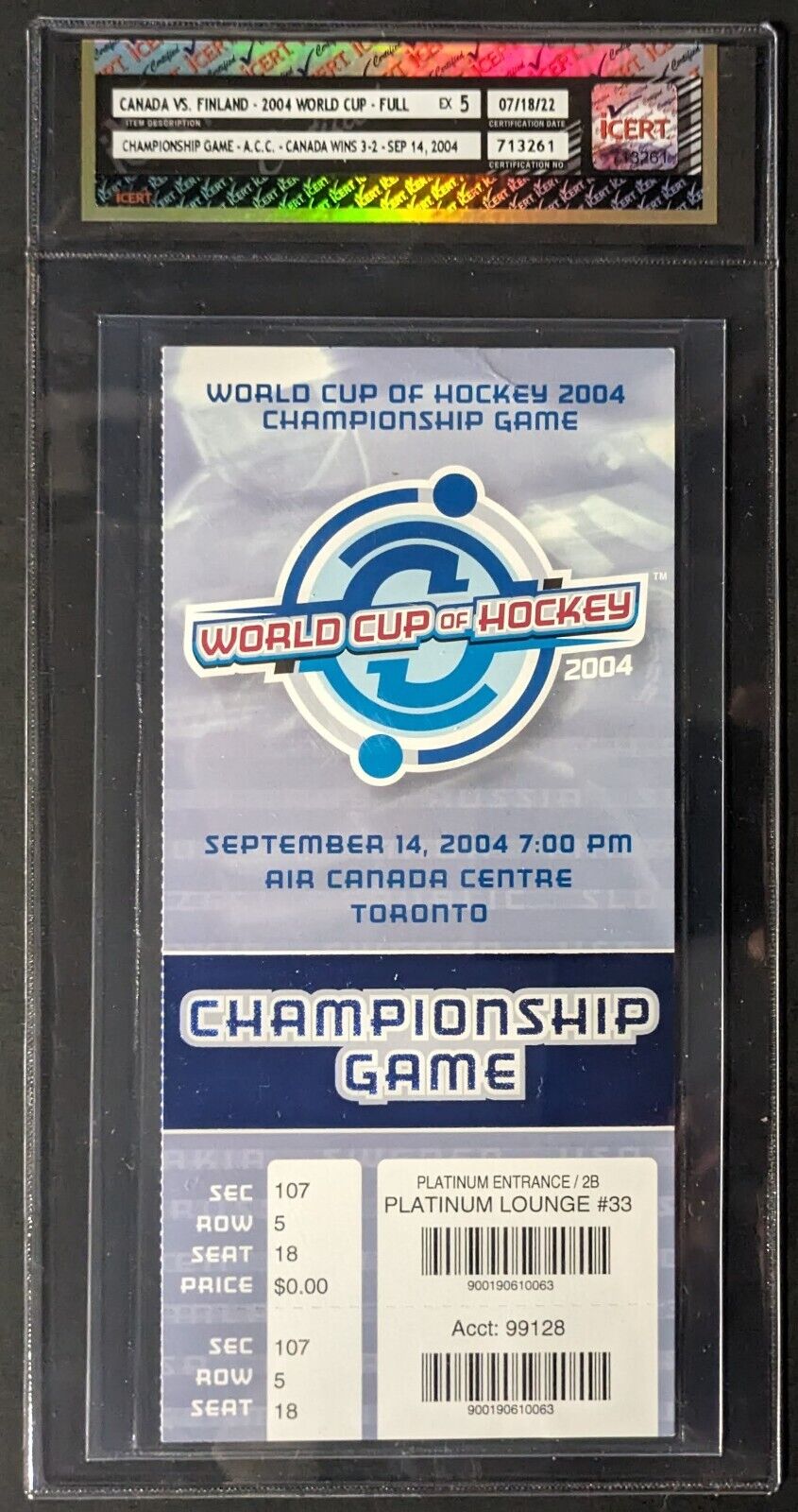 2004 World Cup Of Hockey Championship Game Full Ticket Canada Finland Ex-5 iCert