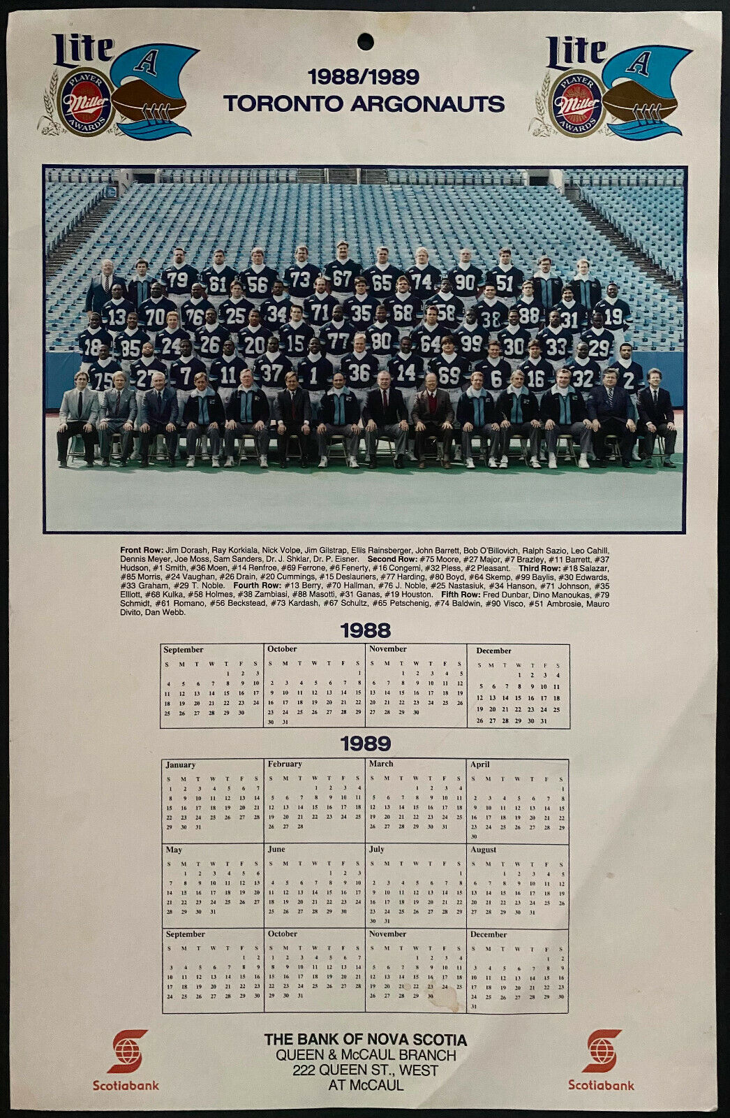 1988-89 Toronto Argonaut CFL Football Calendar Miller Beer + Scotia Bank Promo