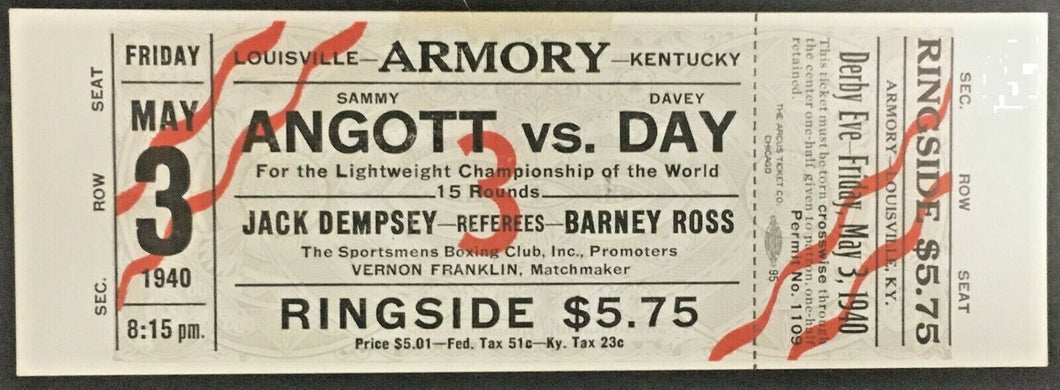 1940 Angott vs Day Jack Dempsey Lightweight Championship Fight Boxing Ticket