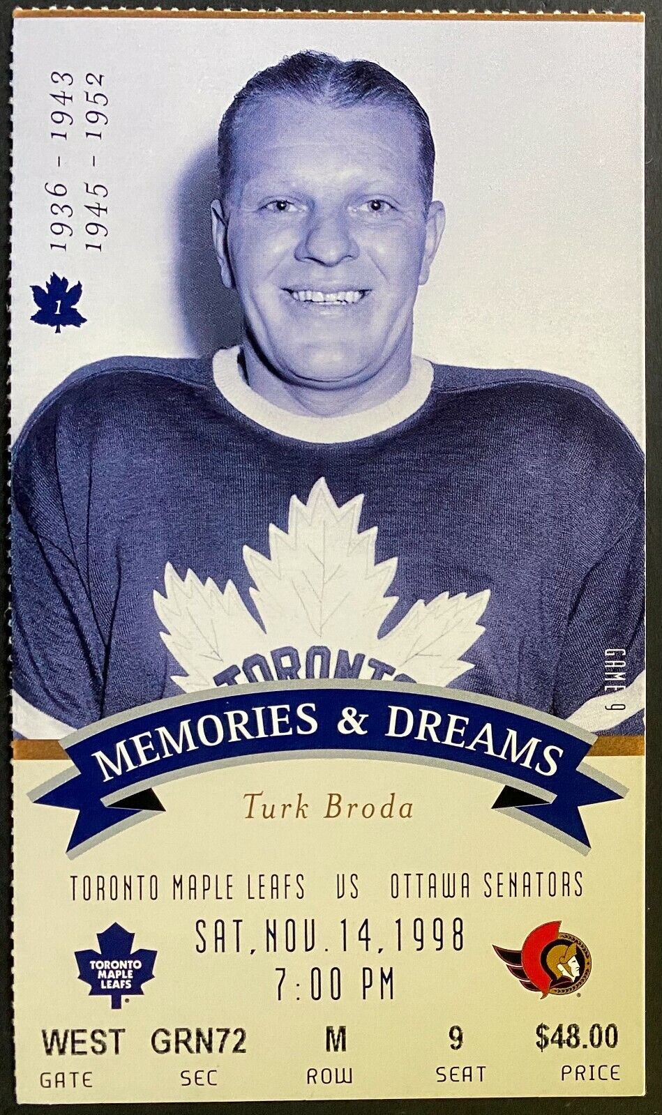 1998 NHL Hockey Final MLG Season Toronto Maple Leafs Sens Ticket Turk Broda HOF