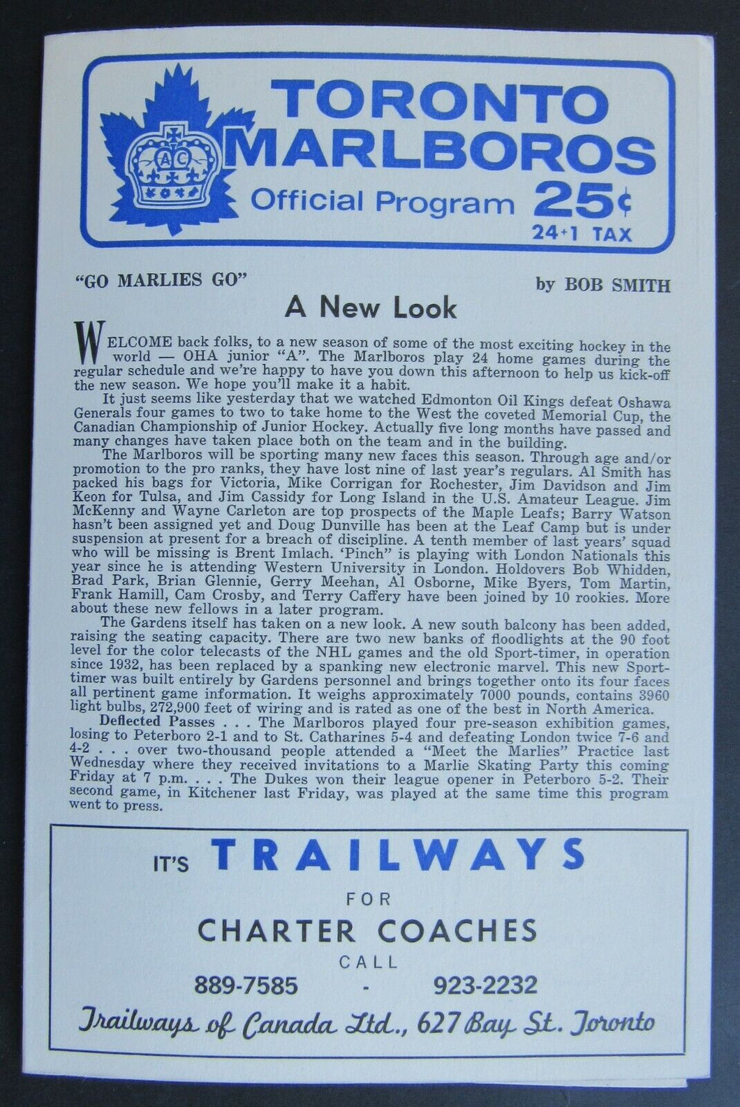 1966 Maple Leaf Gardens OHA Major Jr A Season Opener Program Toronto vs Flyers