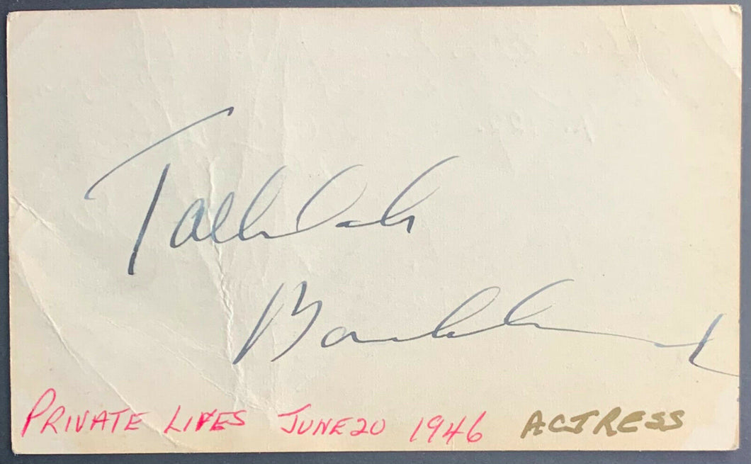 Tallulah Bankhead Autographed Index Card Hollywood Actress Celebrity JSA COA