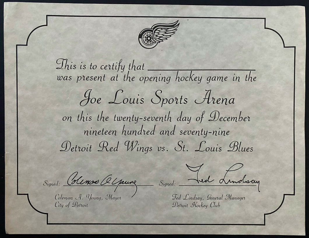 1979 1st NHL Game Joe Louis Arena Certificate Detroit Red Wings vs St. Louis