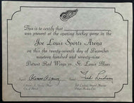 1979 1st NHL Game Joe Louis Arena Certificate Detroit Red Wings vs St. Louis