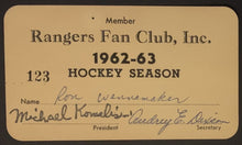 Load image into Gallery viewer, 1962-63 New York Rangers NHL Hockey Fan Club Membership Card #123 Vintage
