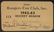 1962-63 New York Rangers NHL Hockey Fan Club Membership Card #123 Vintage