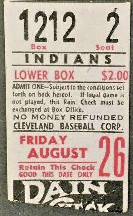 c1960 Cleveland Indians Baseball Ticket Vintage Rain Check MLB