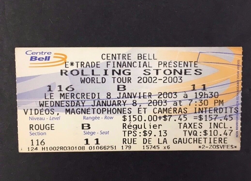 01/08/2003 Rolling stones Concert Ticket Bell Centre Montreal Canada Vtg Rock