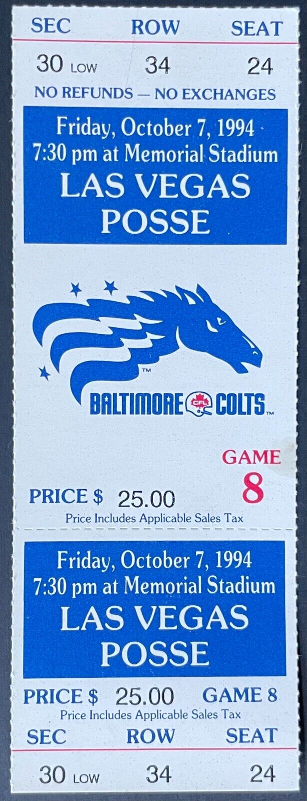 1994 Las Vegas Posse v. Baltimore Colts CFL Unused Ticket Canadian Football