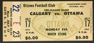 1967 CFL Football Ticket Ottawa Roughriders Vs Calgary Stampeders Pre-Season