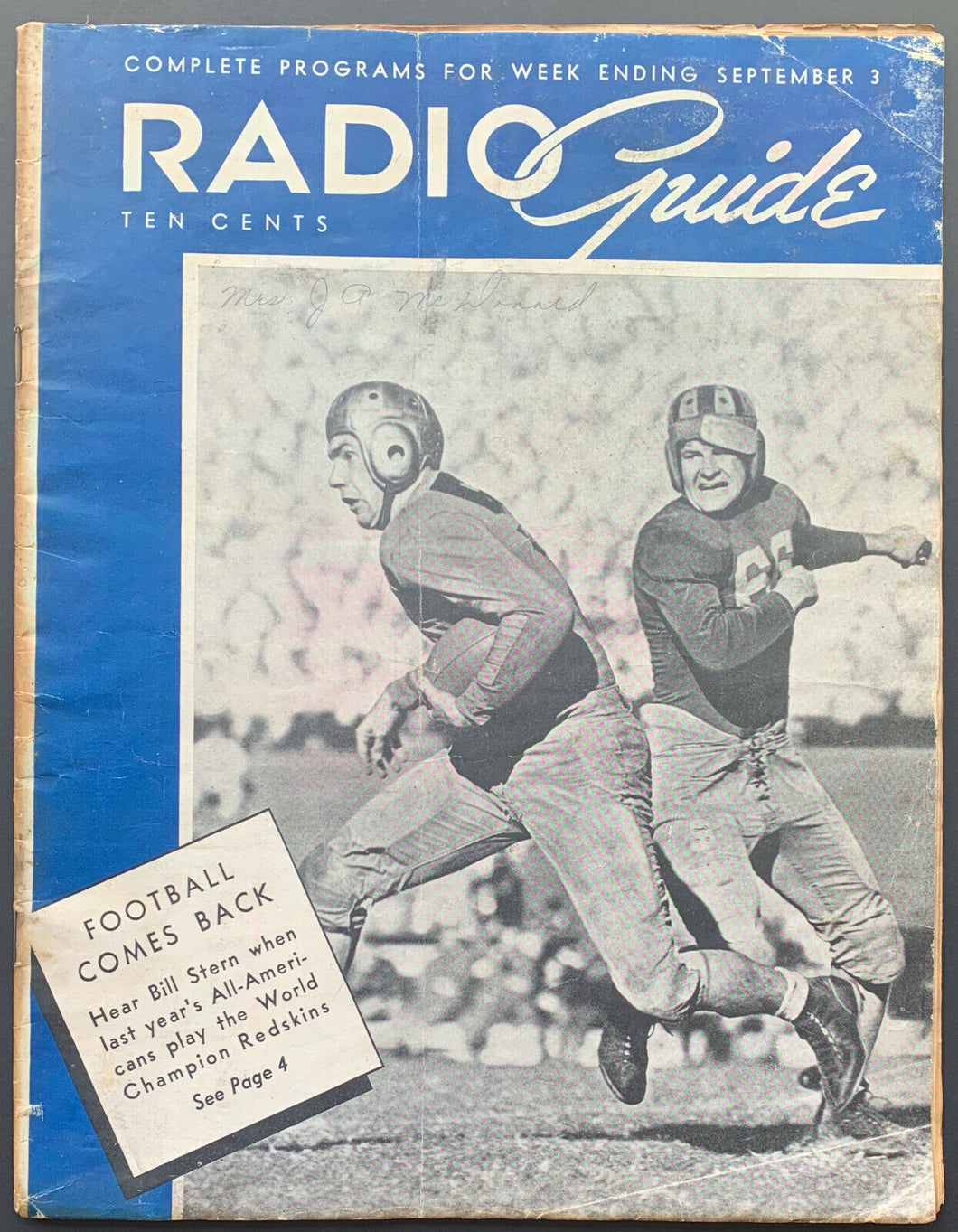 1938 Radio Guide Football Season Recap NFL Champion Washington Redskins Rare