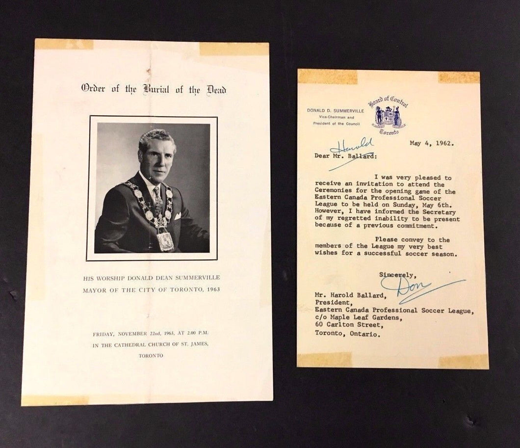 1962 Donald Summerville Toronto Mayor Signed Letter to Harold Ballard + Program