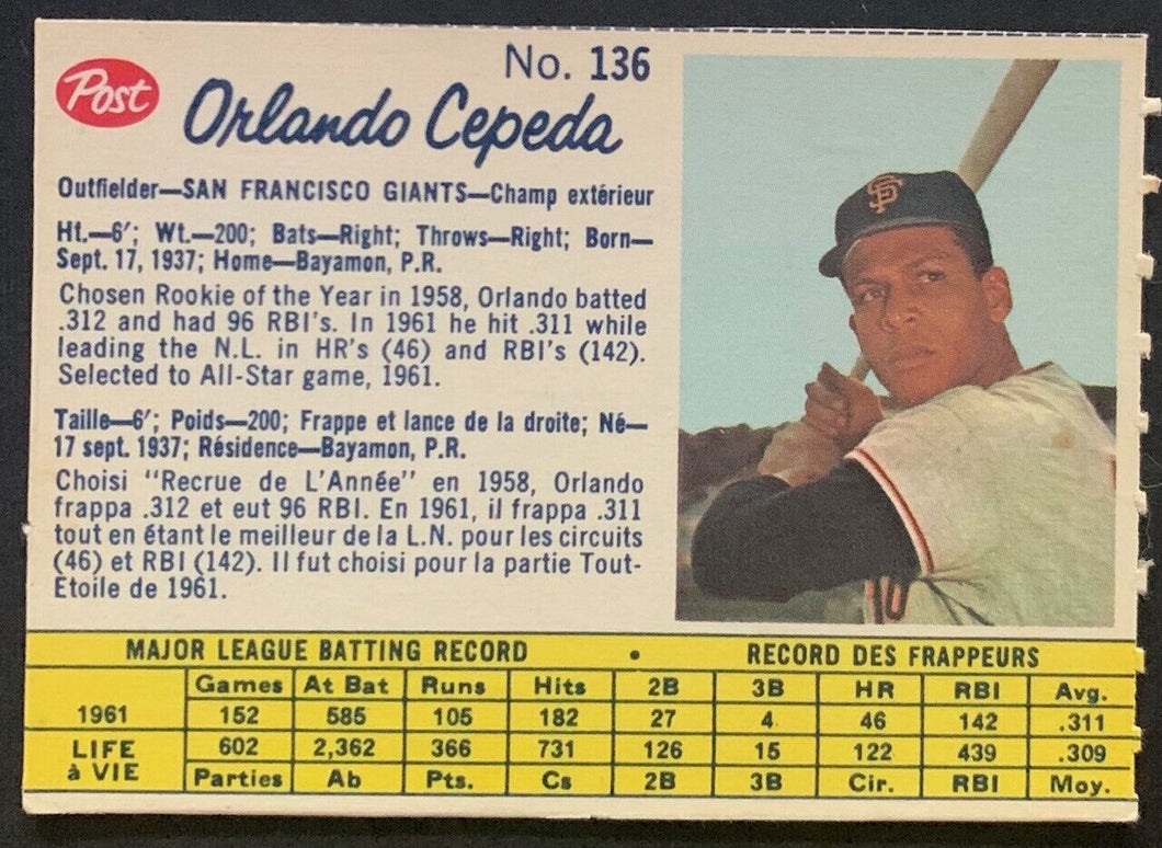 1962 Orlando Cepeda White Back Canadian Post Trading Card #136 MLB San Francisco