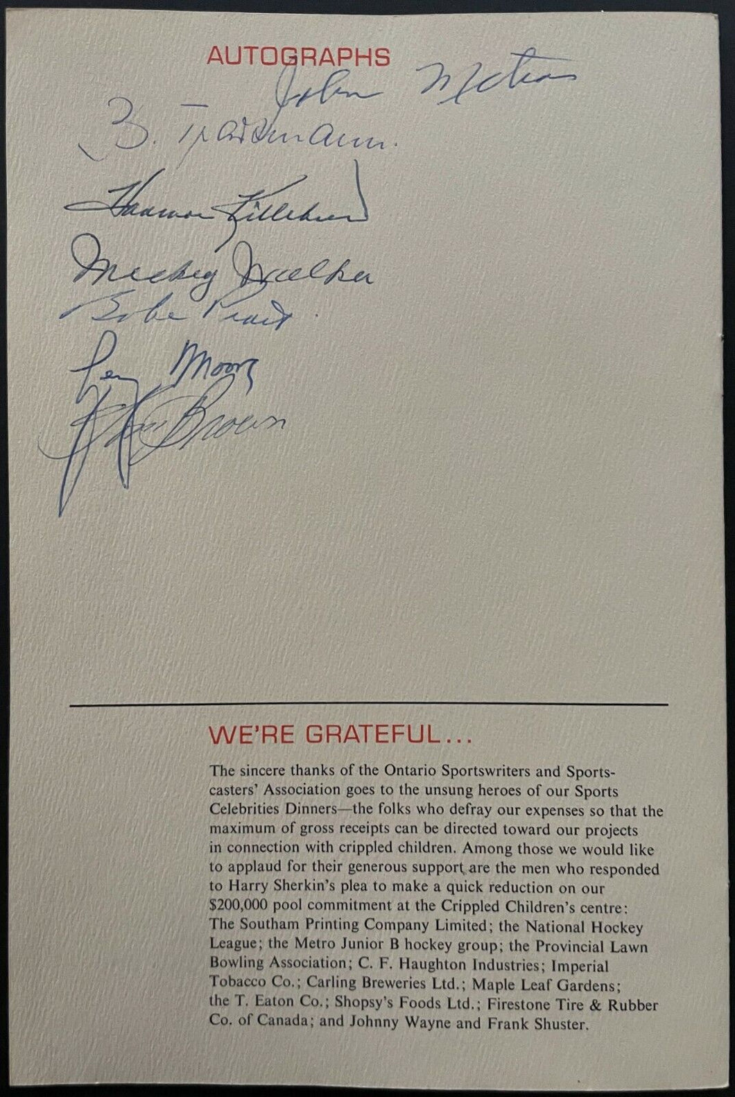 Ontario Sportswriters Autographed Signed Celebrity Dinner Program Mickey Walker