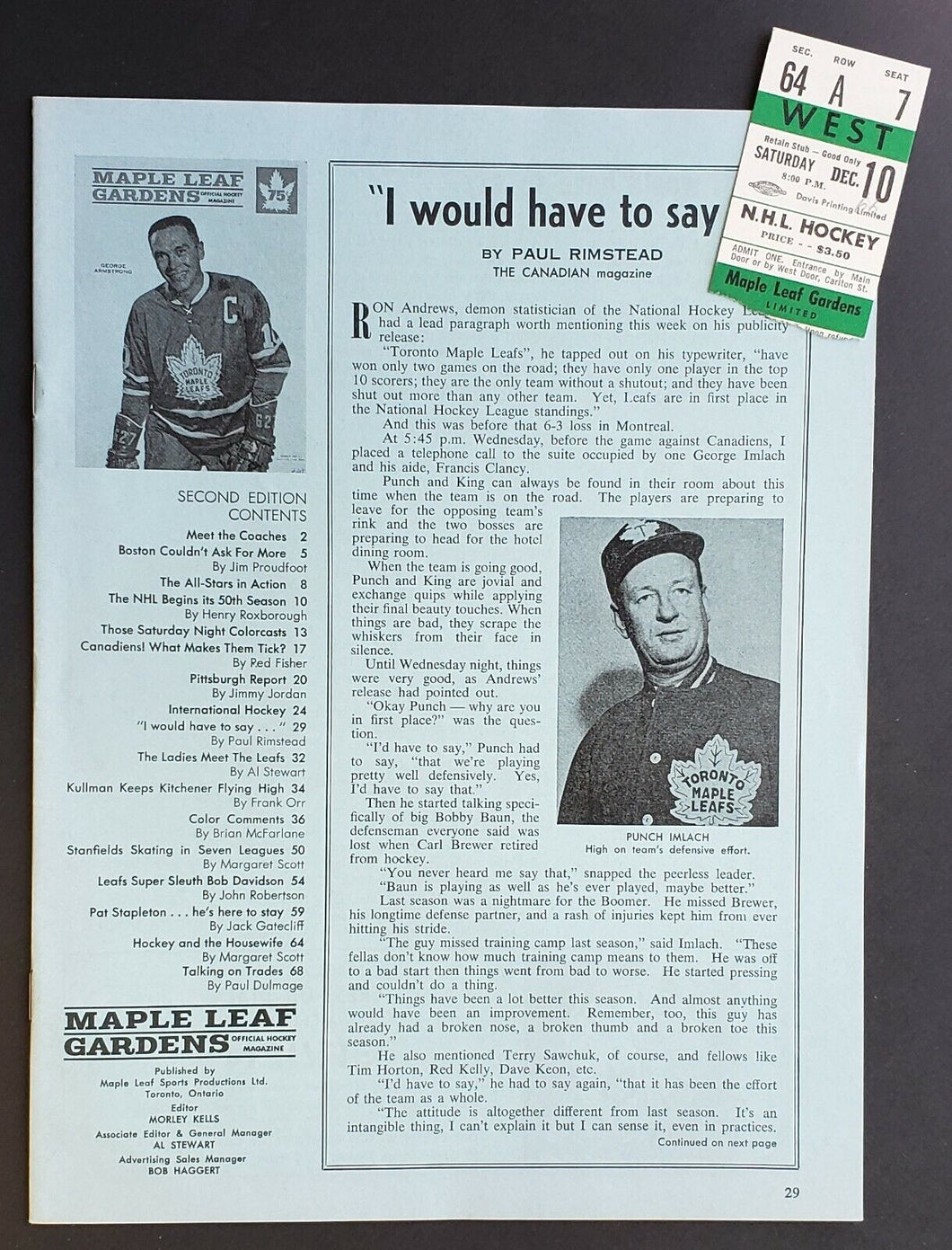 1966 Maple Leaf Gardens NHL Program Insert + Ticket Stub Leafs vs Blackhawks