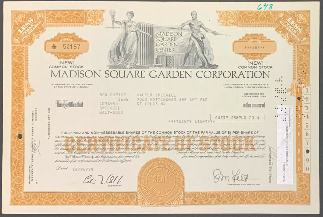 1974 Madison Square Garden Corporation Share Certificate Vintage Common Stock