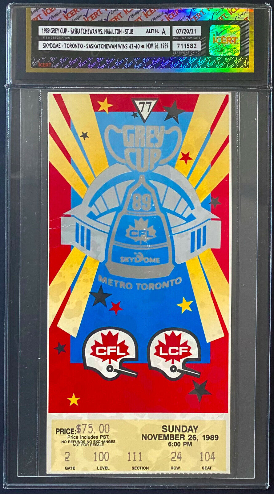 1989 CFL Grey Cup Ticket SkyDome Saskatchewan vs Hamilton icert Authenticated
