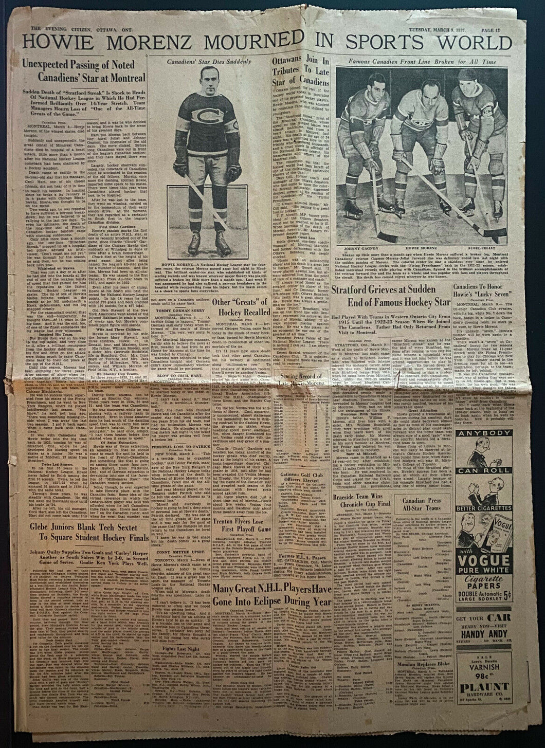 1937 Ottawa Newspaper Covering Howie Morenz Death NHL Hockey HOFer Canadiens