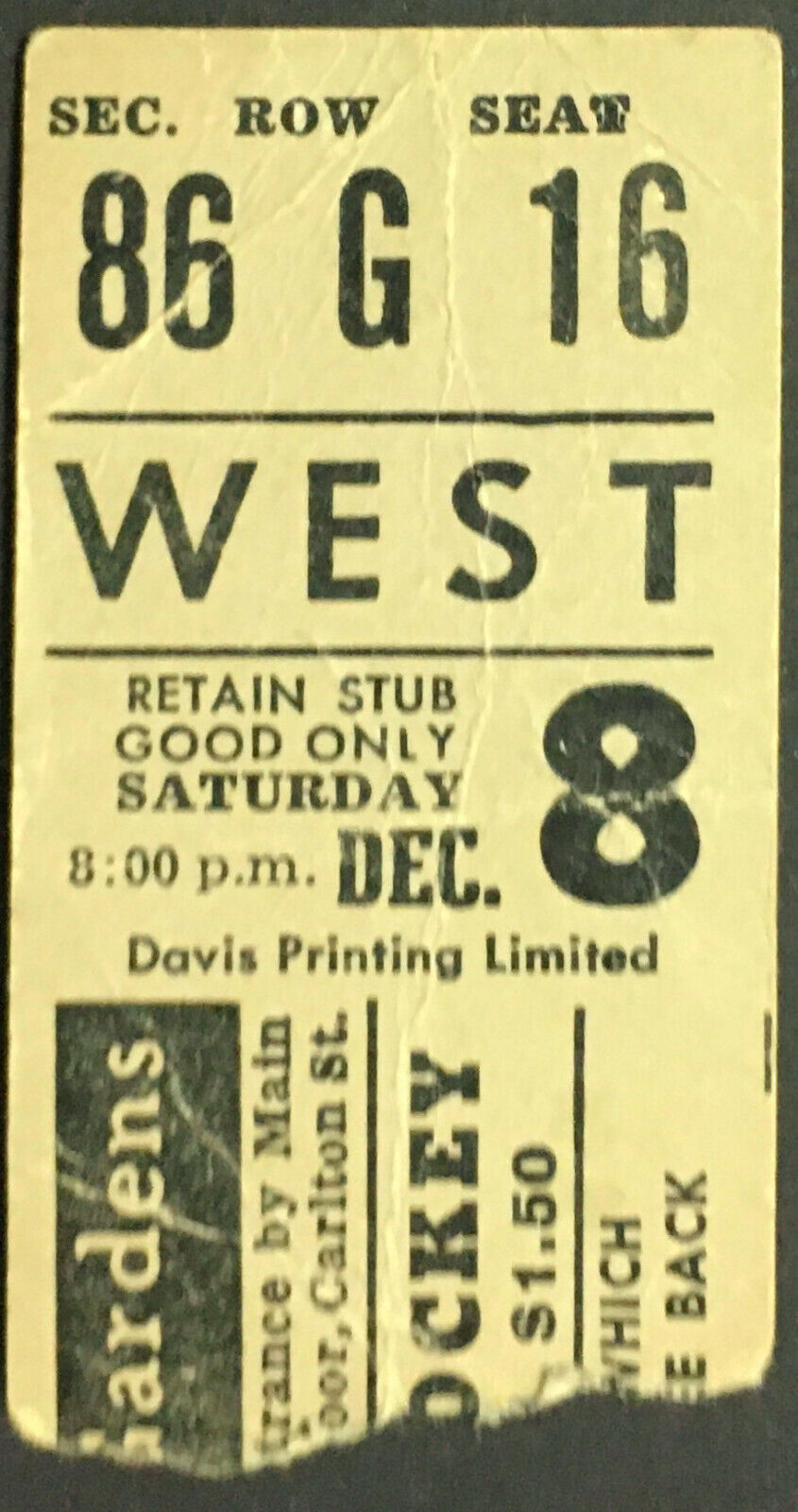 1962 Maple Leaf Gardens Hockey Ticket Toronto Maple Leafs Chicago Blackhawks