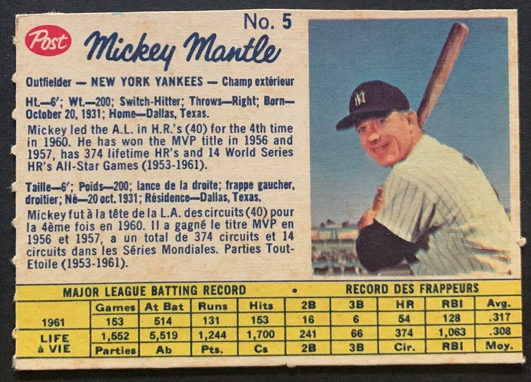 1962 Mickey Mantle White Back Canadian Post Trading Card #5 MLB New York Yankees