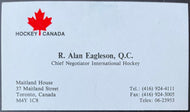 Alan Eagleson Chief Negotiator Hockey Canada Business Card Autographed Signed