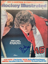 Load image into Gallery viewer, 1975 Bobby Clarke Autographed Hockey Illustrated Signed NHL HOF Vintage Flyers
