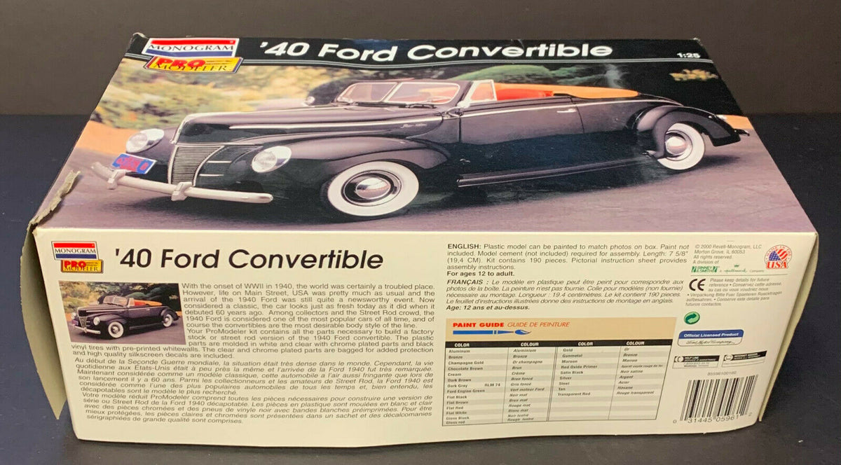 Monogram Pro Modeler 1940 Ford Convertible Scale 1:25 Model Car Kit Vi ...