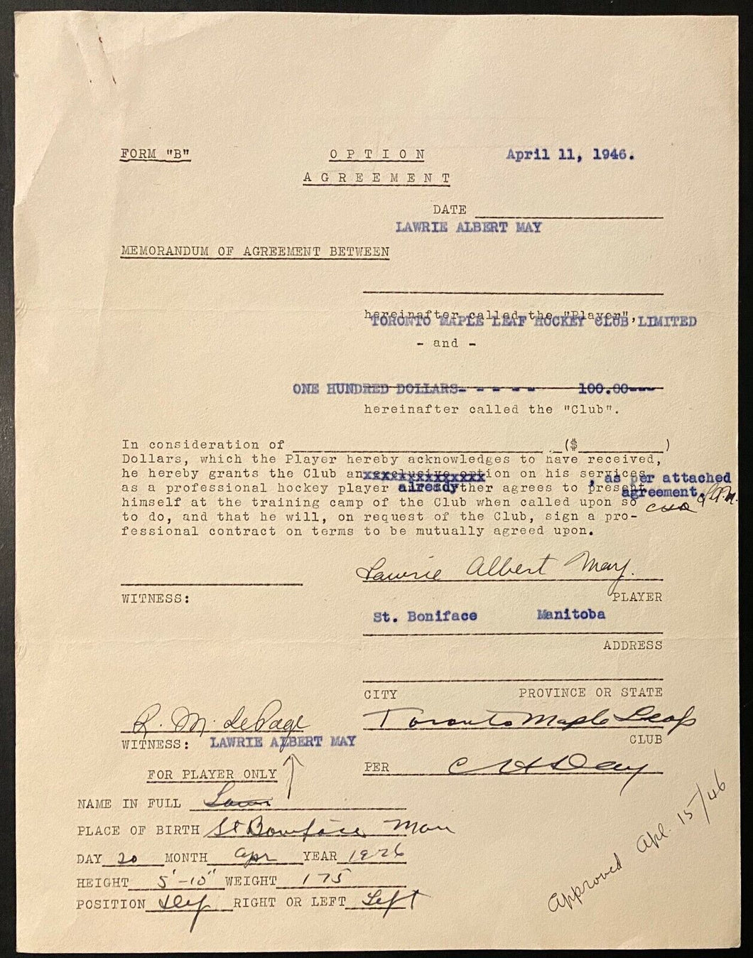 1946 NHL Hockey Toronto Maple Leafs Contract Signed Lawrie May Hap Day Autograph