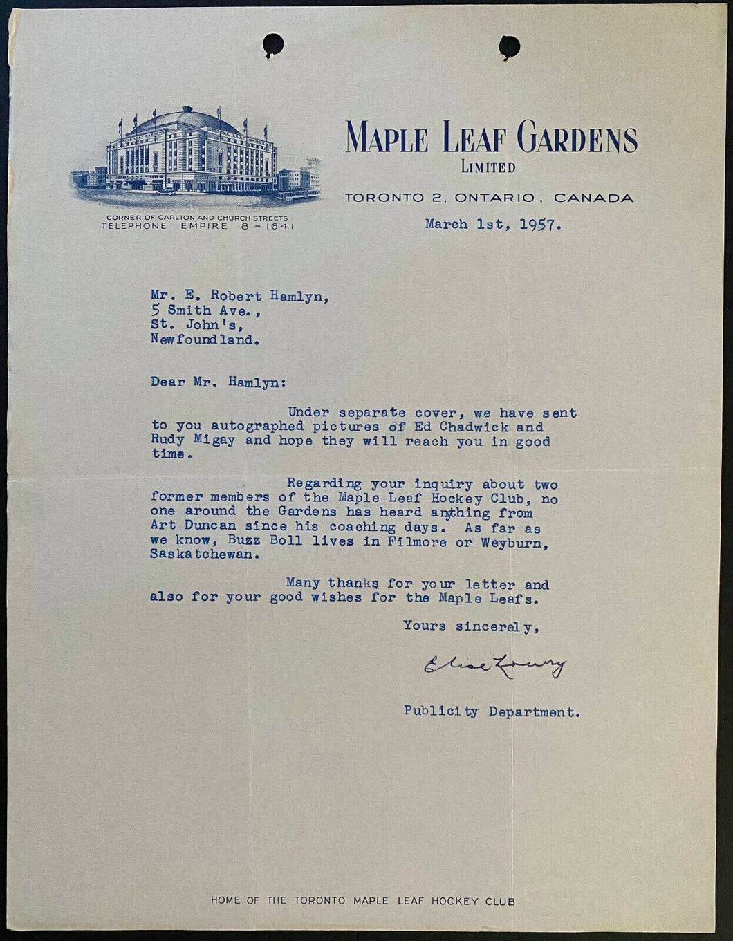 1957 Toronto Maple Leafs NHL Hockey Letter MLG Letterhead Reference Past Players