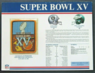 1981 NFL Super Bowl XV Patch + Summary - Oakland Riders vs Philadelphia Eagles