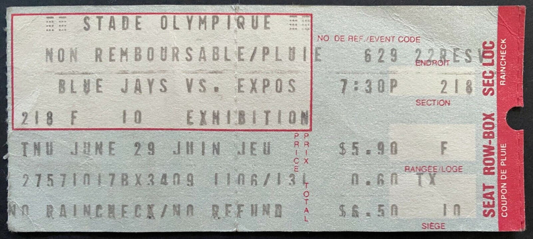1978 Pearson Cup Olympic Stadium MLB Baseball Ticket Toronto Blue Jays vs Expos