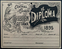 Load image into Gallery viewer, 1895 Ottawa Central Canadian Exhibition Diploma Award Best Mare Horse Show
