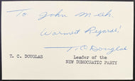 Tommy Douglas Signed Index Card Canadian Politician Autographed History JSA LOA