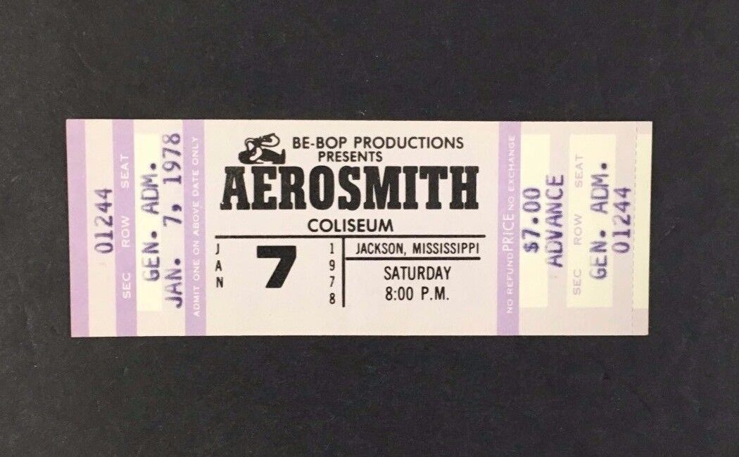 01/07/1978 Aerosmith Concert Ticket Coliseum Jackson Mississippi Rock Music