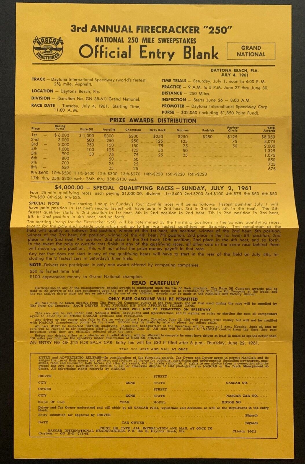 1961 Firecracker 250 Entry Form Daytona INTL Speedway Race NASCAR Daytona 500