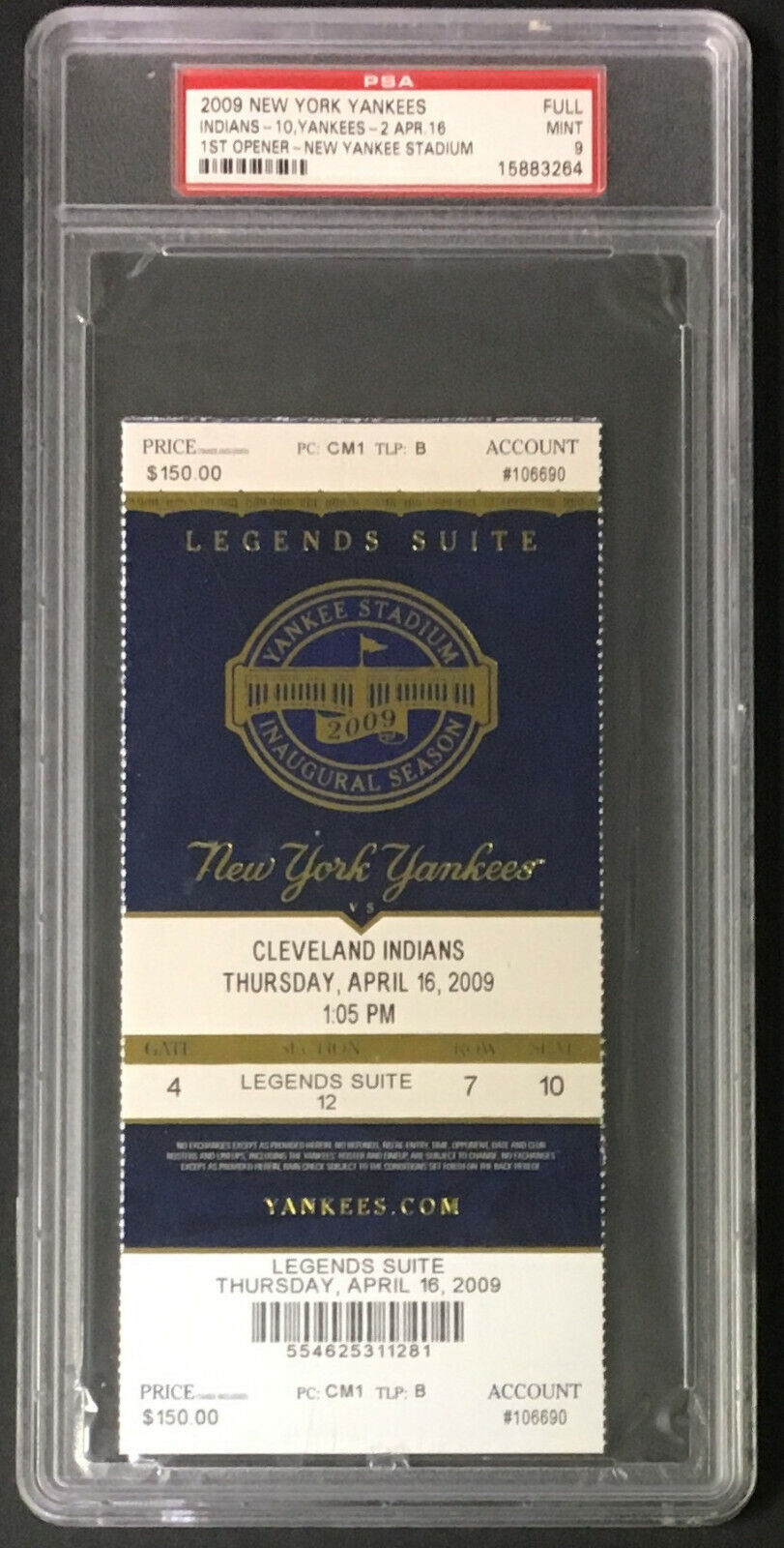 2009 New York Yankees 1st Opener Yankee Stadium vs Indians Graded Ticket PSA 9