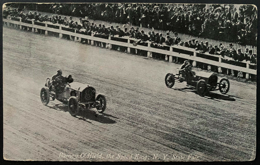 1910 Barney Oldfield + Ole #8 Win Race N.Y. State Fair Vintage Postcard Unposted