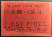 Load image into Gallery viewer, 1893 Antique Durham Fair First Prize Card Exhibition Association Ontario Vintage
