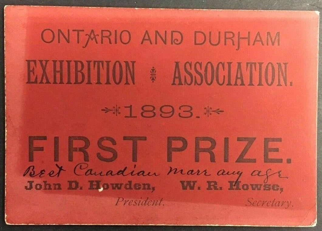 1893 Antique Durham Fair First Prize Card Exhibition Association Ontario Vintage