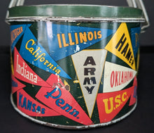 Load image into Gallery viewer, 1940s College Pennant Lunch Pail Tin Box Notre Dame Ohio Alabama Vintage NCAA
