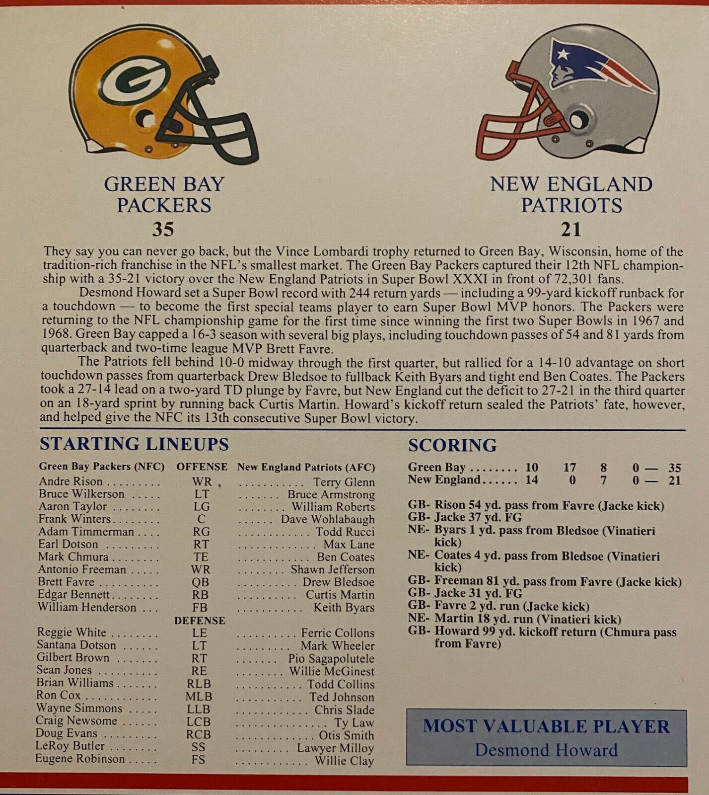 Super Bowl 31, Packers vs Patriots Patch online 1997