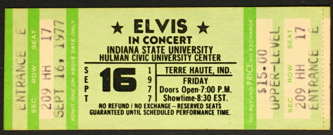 1977 Elvis Presley Concert Ticket Indiana State University Hulman Civic Center