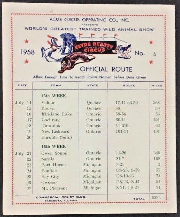 1958 Clyde Beatty Circus Schedule 2 Weeks July Official Route Vintage Carnival