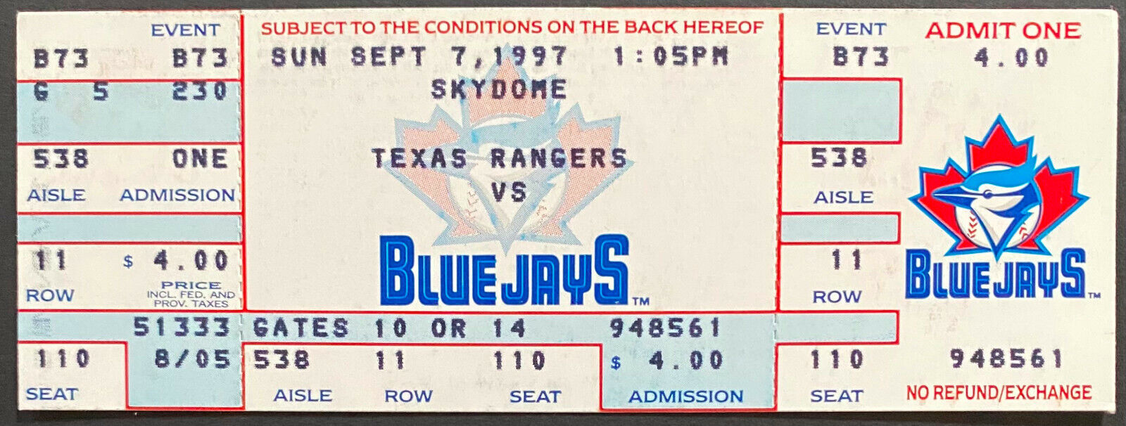 1997 SkyDome Toronto Blue Jays Full MLB Ticket Roger Clemens