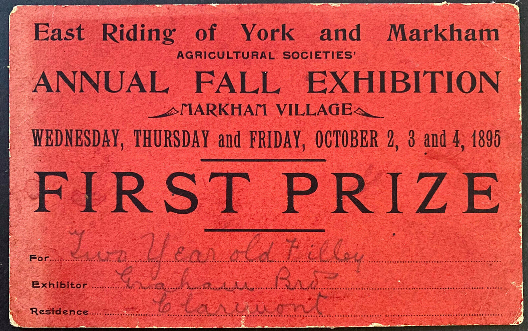 1895 Markham Fall Fair First Prize Horses 2 Year Old Filly Vintage Old Canadiana