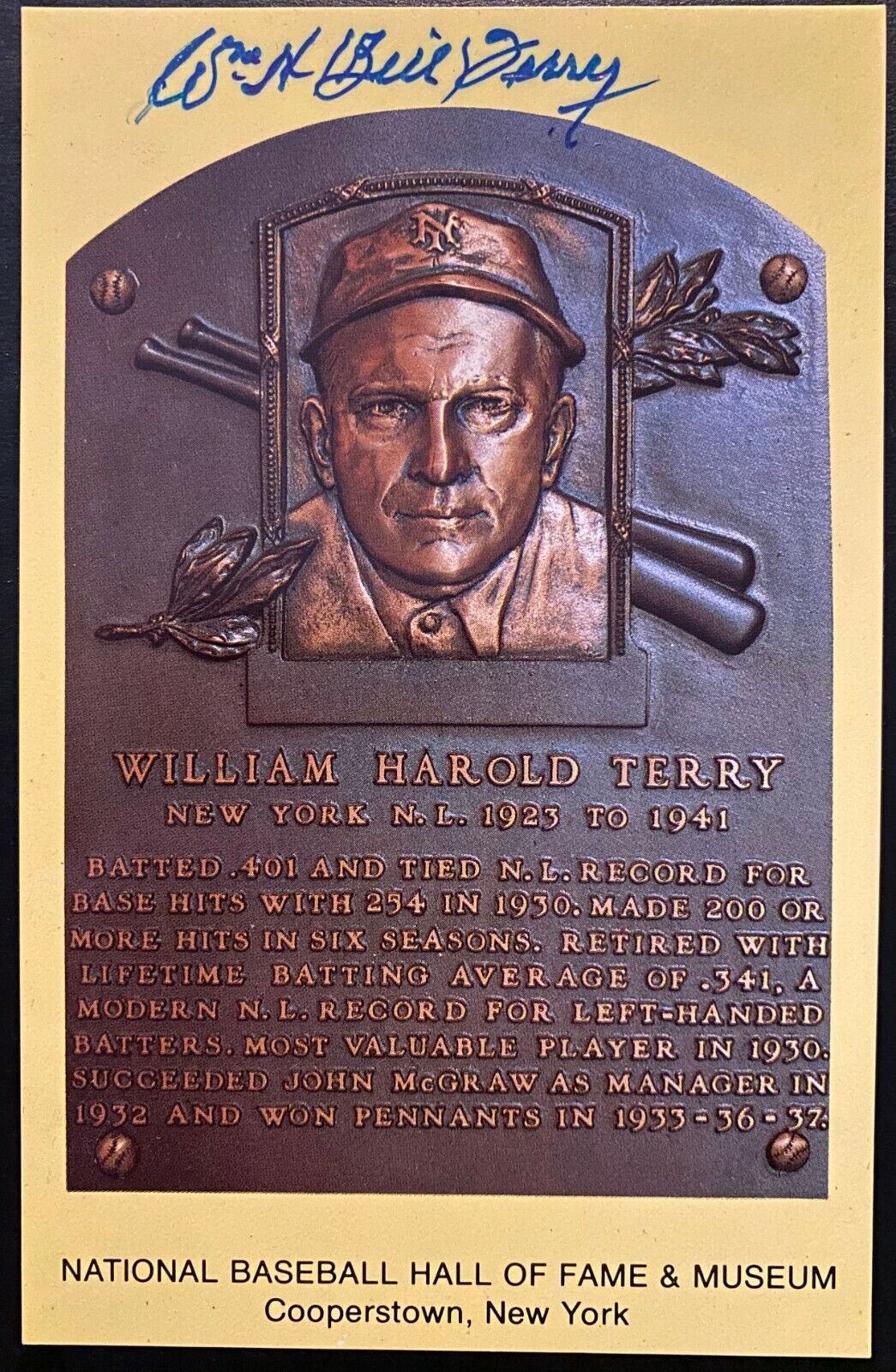 1954 Signed MLB New York Giants Bill Terry Hall Fame Plaque Postcard Autographed