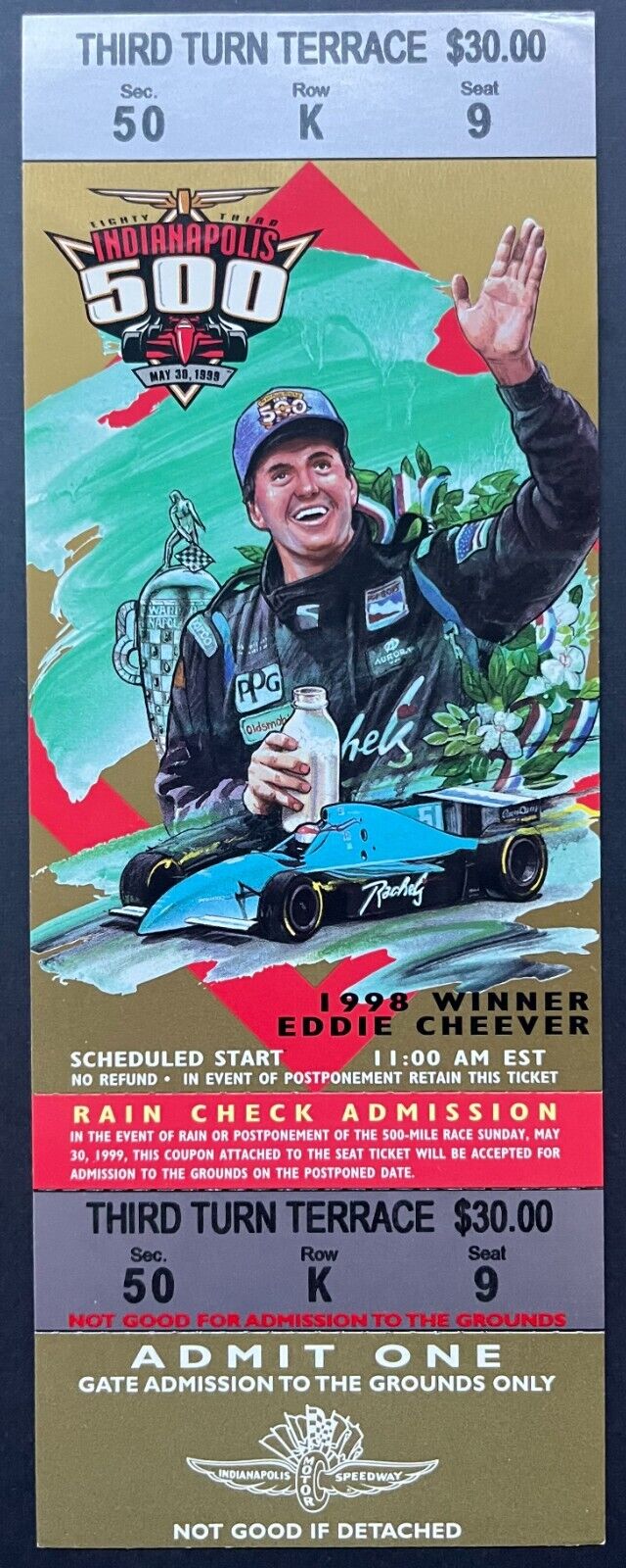 1999 Indy 500 Ticket + Parking Pass Indianapolis Motor Speedway Eddie Cheever